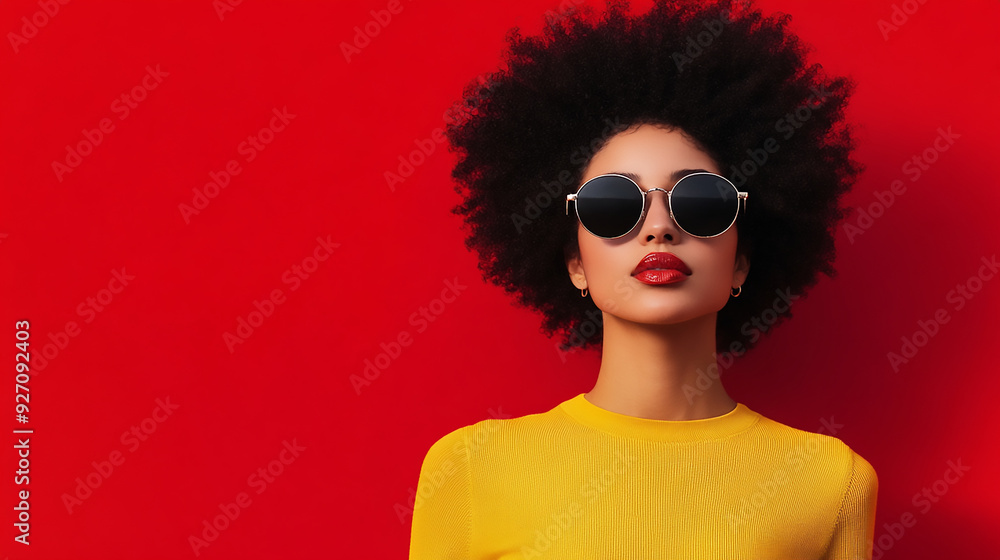 Portrait of a big afro haired funk female musician with sunglasses on vibrant red background. Portrait of a big afro haired funk female musician with sunglasses on vibrant red background.