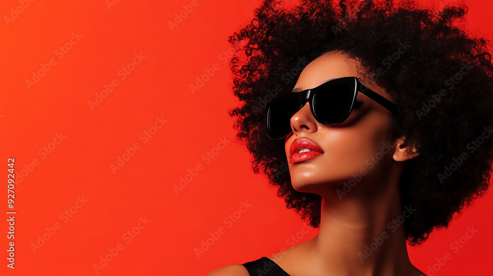 Portrait of a big afro haired funk female musician with sunglasses on vibrant red background. Portrait of a big afro haired funk female musician with sunglasses on vibrant red background.