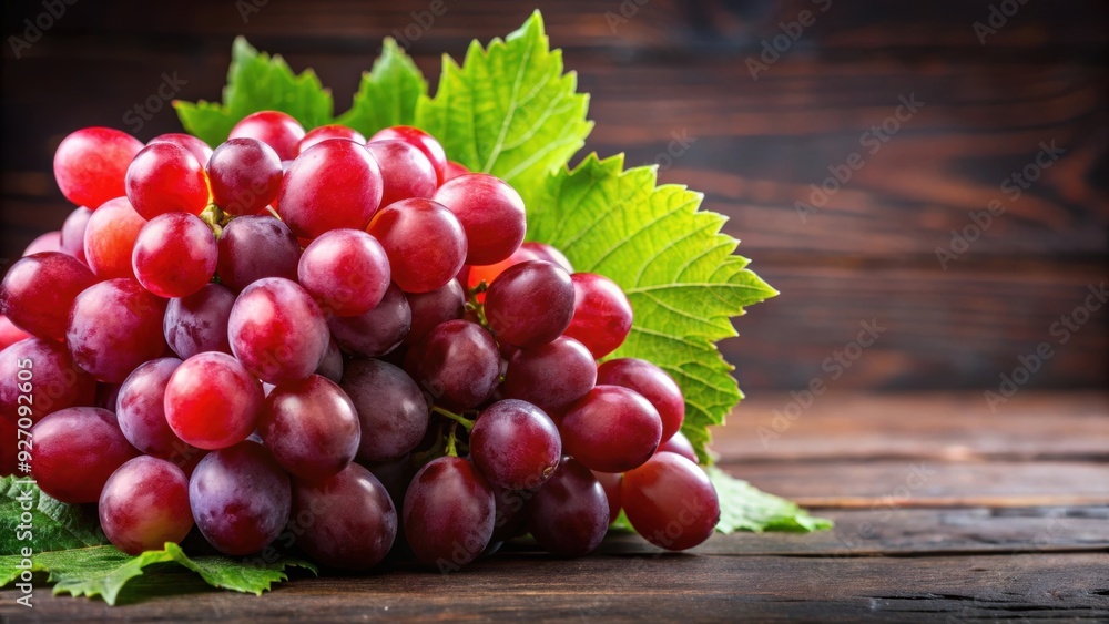 Fresh red grapes with a vibrant green leaf on top , fruit, grapes, red, green, leaf, healthy, organic, vineyard, harvest Fresh red grapes with a vibrant green leaf on top , fruit, grapes, red, green, leaf, healthy, organic, vineyard, harvest