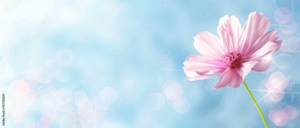 Naklejka premium A pink flower, tightly framed, against a blue backdrop Bokeh of soft, blurred light surrounds the image