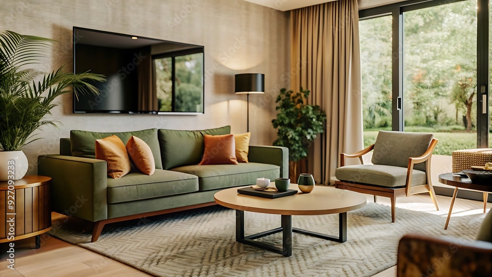 Modern living room with green sofa and natural light. Modern living room with green sofa and natural light.