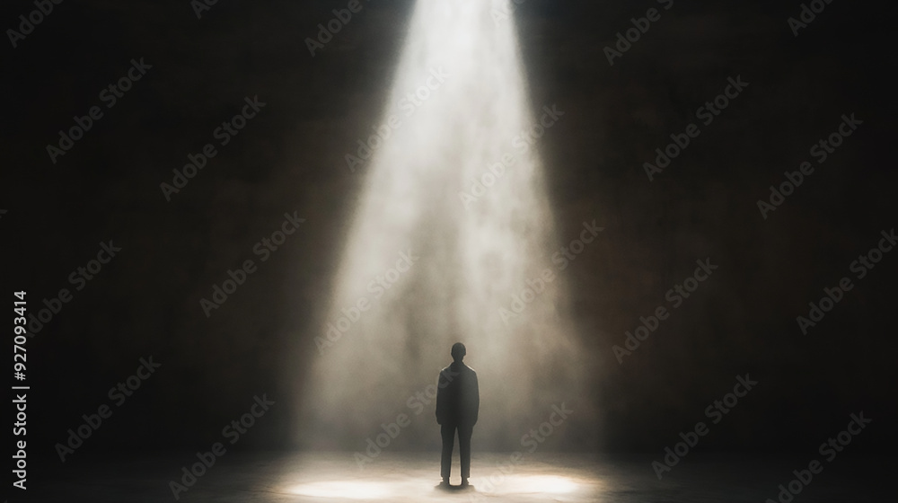 A person standing in a dark room, with beams of light breaking through the cracks in the walls, illuminating dust particles in the air. A person standing in a dark room, with beams of light breaking through the cracks in the walls, illuminating dust particles in the air.
