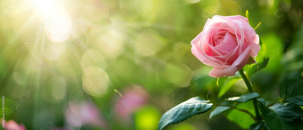 A pink rose, tightly framed, atop a leafy branch against a softly blurred backdrop of green leaves and roses A pink rose, tightly framed, atop a leafy branch against a softly blurred backdrop of green leaves and roses