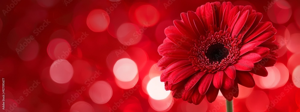 Fototapeta premium A red flower, tightly framed against a solid red background, is subtly illuminated by bokeh lights in the backdrop