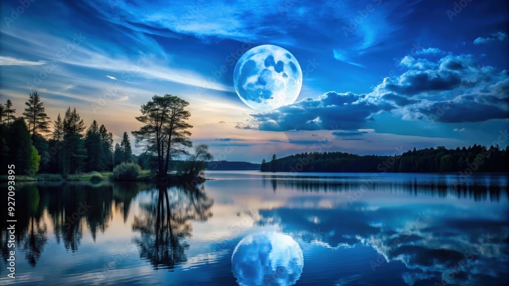 Full moon and clouds on blue sky above silhouette of trees and lake area, moon, clouds, blue sky, silhouette, trees, lake, reflection Full moon and clouds on blue sky above silhouette of trees and lake area, moon, clouds, blue sky, silhouette, trees, lake, reflection
