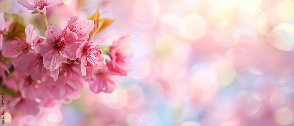 A tight shot of pink blooms on a branch against a backdrop of soft, diffused light A tight shot of pink blooms on a branch against a backdrop of soft, diffused light