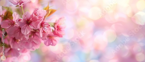  A tight shot of pink blooms on a branch against a backdrop of soft, diffused light