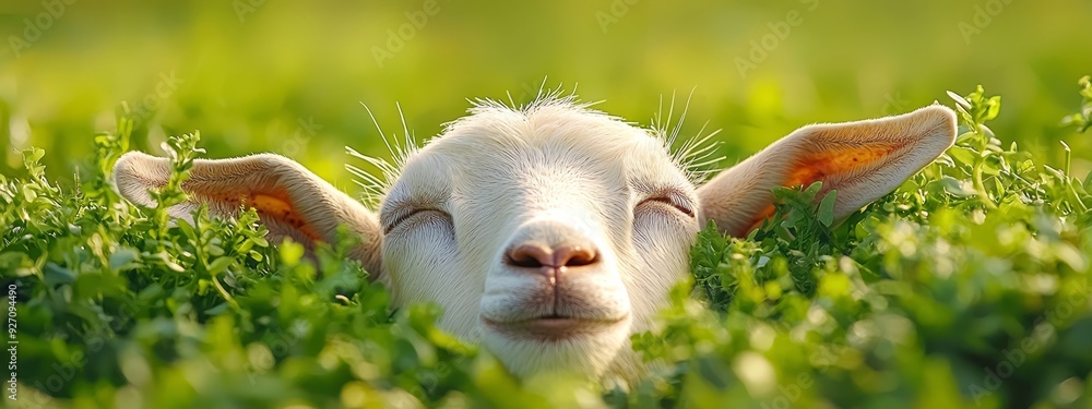 A close-up of a goat lying in a field of grass with its eyes closed A close-up of a goat lying in a field of grass with its eyes closed