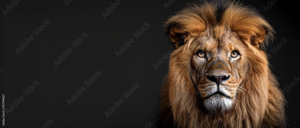 Fototapeta premium A tight shot of a lion's gaze, one eye illuminated against a black backdrop