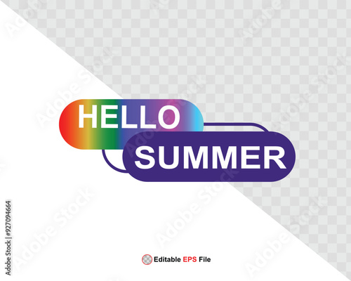 Hello summer button, sun and sale. Vector minimalistic illustration of sun rays, swimming pool with sun lounger and umbrella and tropical palm leaf, orange and sea beach with sand for background