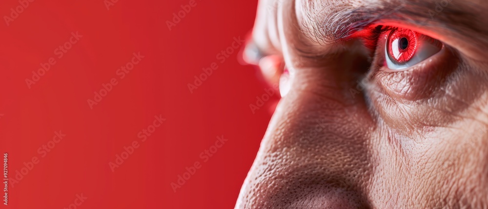 A man's eye with a red glow emanating from its iris A man's eye with a red glow emanating from its iris
