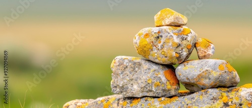  A stack of rocks rising above a field, backdrop softly blurred photo