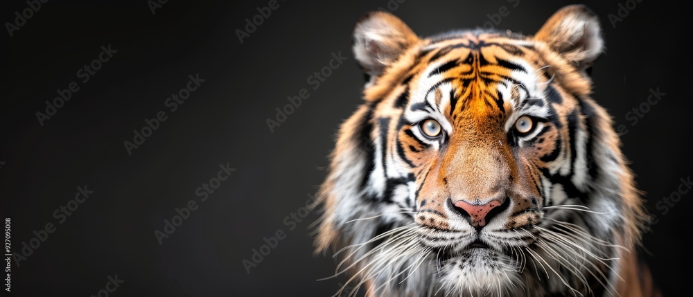 Fototapeta premium A tight shot of a tiger's visage against a black backdrop, its features softly obscured by blur