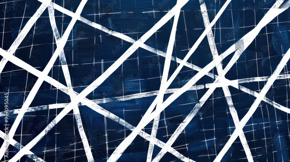 A close-up of an abstract painting, featuring thick, white lines painted over a dark blue background. The lines overlap and intersect to create a complex pattern of geometric shapes. A close-up of an abstract painting, featuring thick, white lines painted over a dark blue background. The lines overlap and intersect to create a complex pattern of geometric shapes.