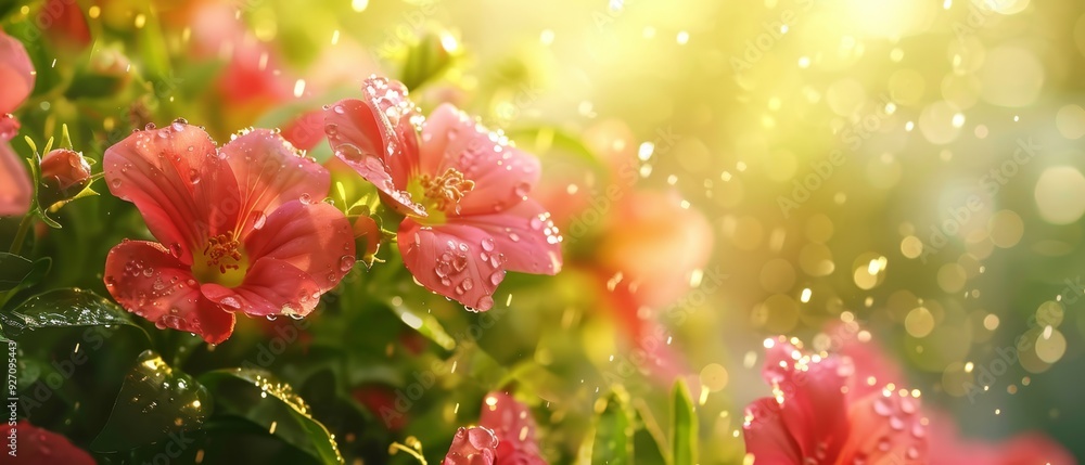 A tight shot of pink blooms, water droplets glistening on their petals, and a green foliage plant in the near foreground A tight shot of pink blooms, water droplets glistening on their petals, and a green foliage plant in the near foreground