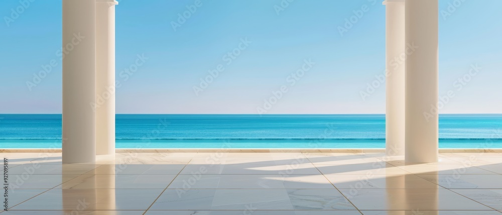 An empty room featuring columns, overlooking the ocean Inside this columned space, the expansive view of the sea is present An empty room featuring columns, overlooking the ocean Inside this columned space, the expansive view of the sea is present