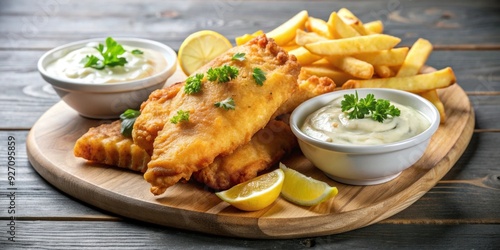 Crispy fish and chips served with creamy dip and lemon slices, fried, seafood, meal, tasty, delicious, crispy