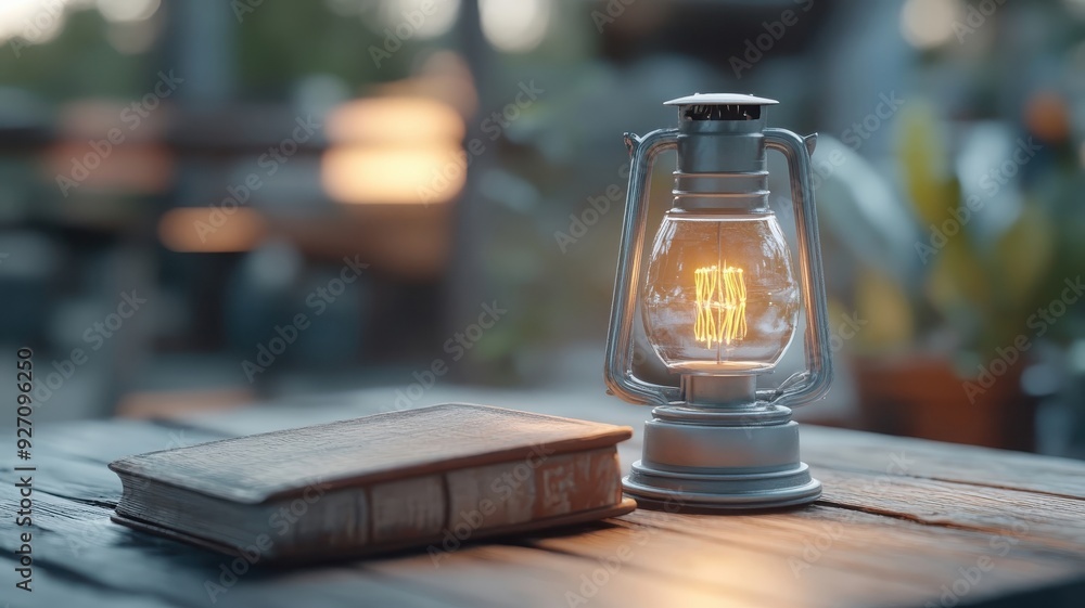 Warm glow of oil lamp illuminating weathered book on rustic table. Warm glow of oil lamp illuminating weathered book on rustic table.