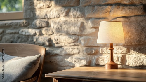 Dimly lit room with flickering oil lamp casting shadows on stone walls. photo