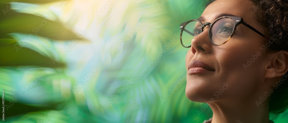 A tight shot of an individual donning glasses, with a plant in the foreground and a blue sky beyond A tight shot of an individual donning glasses, with a plant in the foreground and a blue sky beyond