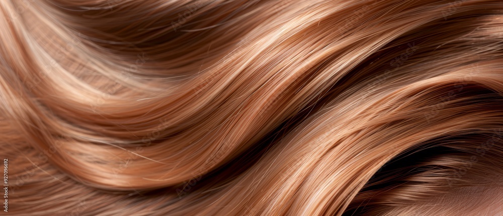A close-up view of a single strand of long, shining, light brown, and wavy hair A close-up view of a single strand of long, shining, light brown, and wavy hair