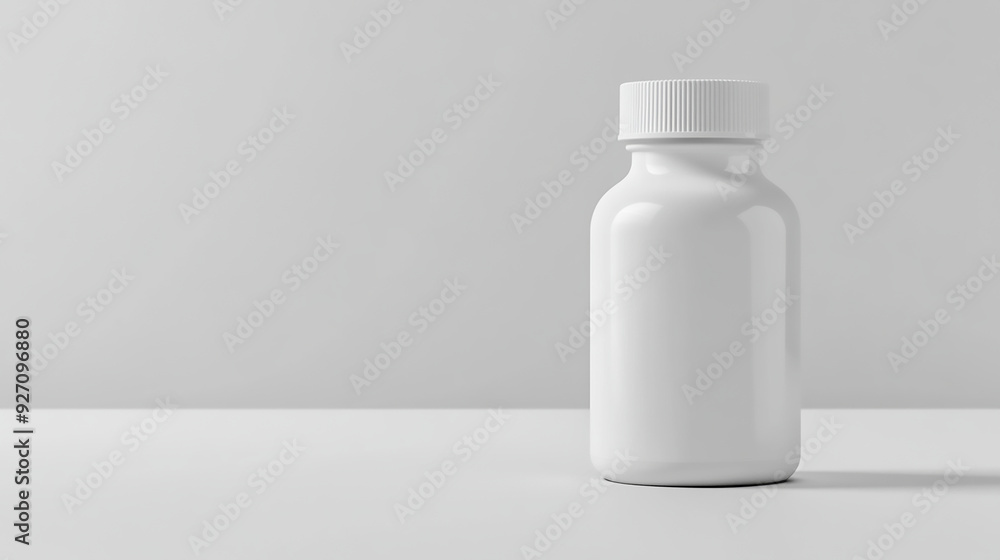 A small pill bottle mockup with a blank label, standing upright on a clean, white surface, ideal for pharmaceutical or supplement branding. A small pill bottle mockup with a blank label, standing upright on a clean, white surface, ideal for pharmaceutical or supplement branding.