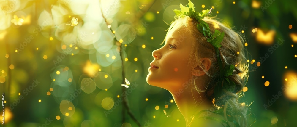 one hand cradling a green leaf behind her ear; the other hand gentle at her temple, supporting her chin as she gazes upwards, into the one hand cradling a green leaf behind her ear; the other hand gentle at her temple, supporting her chin as she gazes upwards, into the
