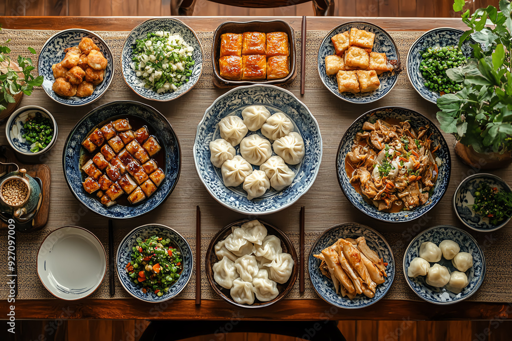 A delicious spread of Chinese food on a wooden table.