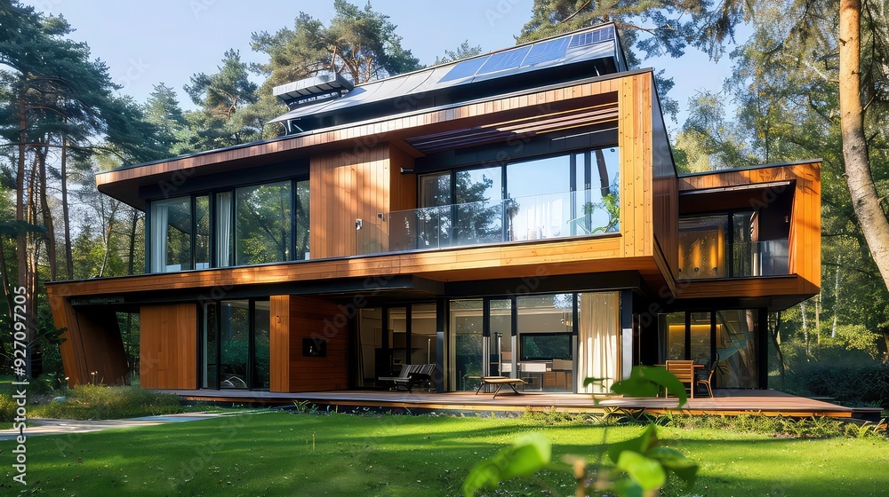 A modern, wooden house with large windows and a balcony overlooking a green lawn surrounded by trees. The house has a flat roof with solar panels. A modern, wooden house with large windows and a balcony overlooking a green lawn surrounded by trees. The house has a flat roof with solar panels.