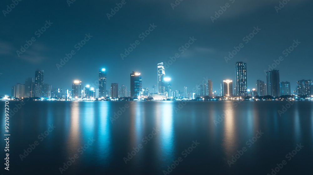 Fototapeta premium A stunning city skyline at night, with tall skyscrapers illuminated against the dark sky, reflecting in a nearby body of water.