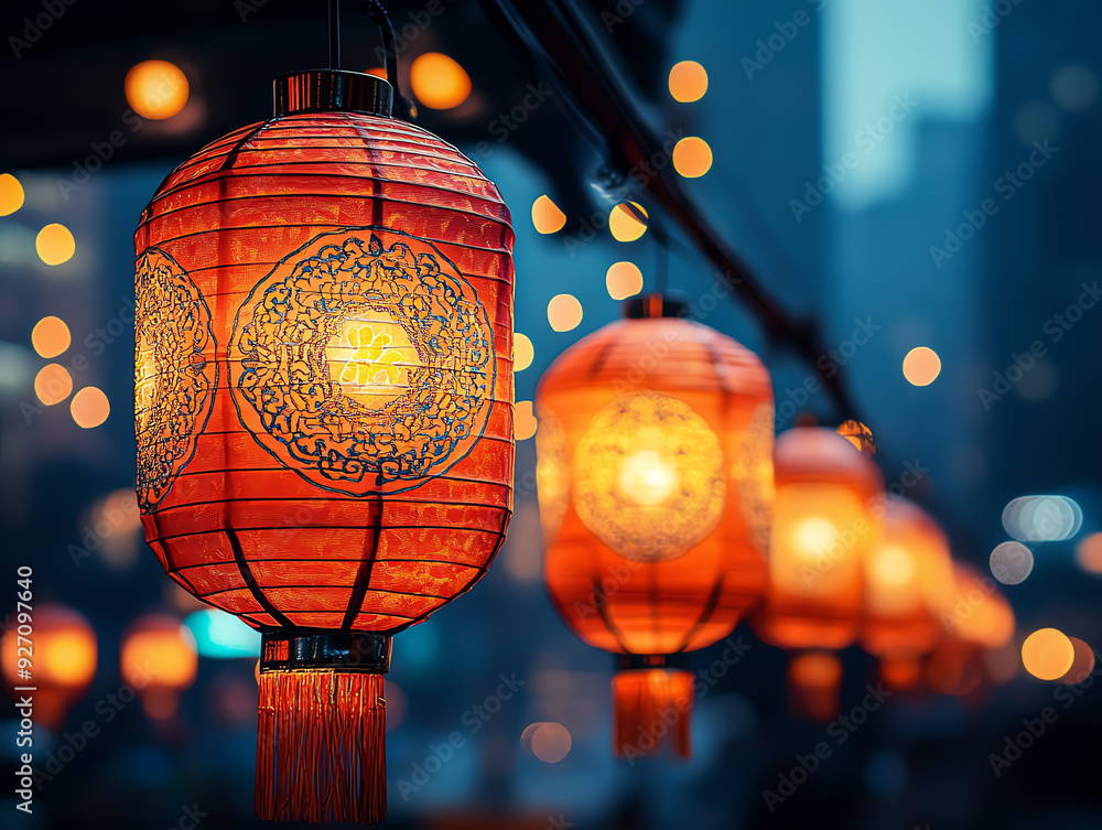 Red Chinese lanterns illuminate a street at night, creating a festive atmosphere. Red Chinese lanterns illuminate a street at night, creating a festive atmosphere.