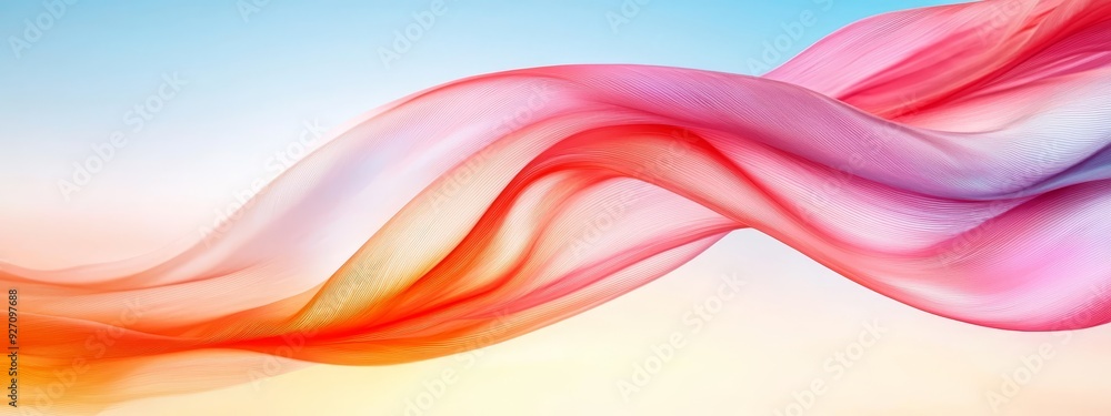 A crisp image of a pink, orange, and blue wave against a light blue and white background, with a clear, light blue sky in the distance A crisp image of a pink, orange, and blue wave against a light blue and white background, with a clear, light blue sky in the distance