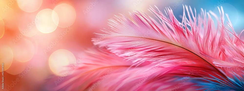 A tight shot of a pink-blue feather against a softly blurred backdrop, speckled with twinkling lights A tight shot of a pink-blue feather against a softly blurred backdrop, speckled with twinkling lights