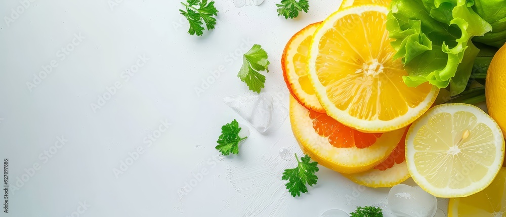 Fresh produce and ice cubes arranged on a pristine background (Oranges, Fresh produce and ice cubes arranged on a pristine background (Oranges,