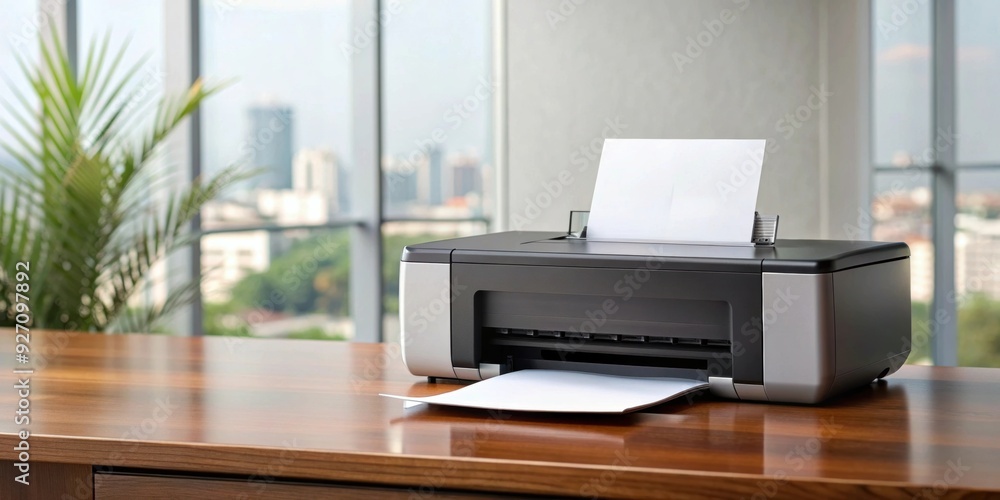 Fully functional printer on desk, office, technology, equipment, printing, copy, paper, work, business, workplace Fully functional printer on desk, office, technology, equipment, printing, copy, paper, work, business, workplace