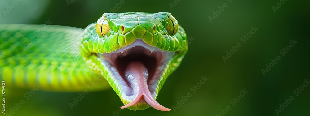 Fototapeta premium A green snake with its mouth open widely