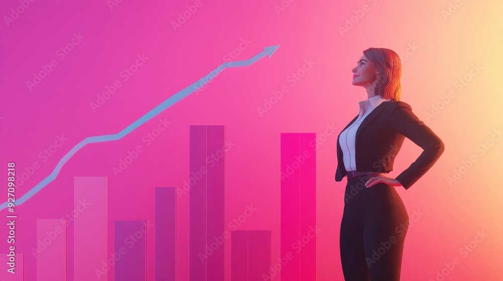 Confident Businesswoman Analyzing Financial Growth Chart - Business Finance Strategy Concept 3D Illustration Confident Businesswoman Analyzing Financial Growth Chart - Business Finance Strategy Concept 3D Illustration