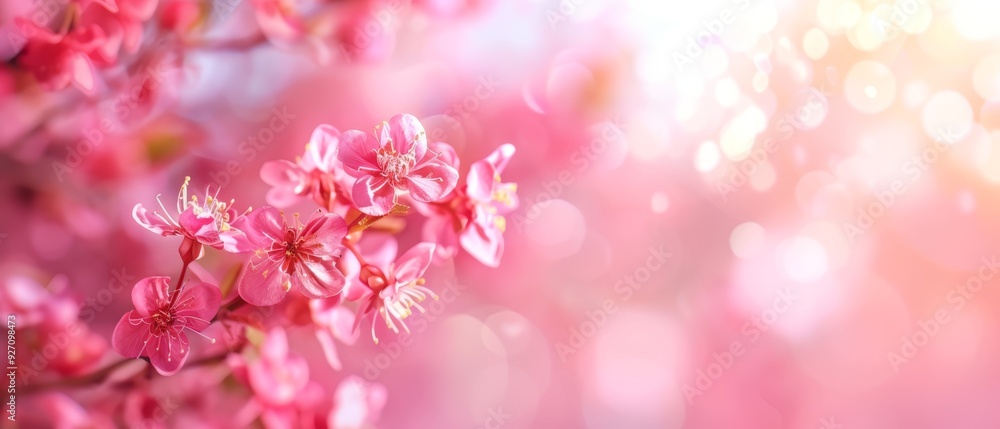 Pink flowers blanket tree branches against a blurred backdrop Pink flowers blanket tree branches against a blurred backdrop