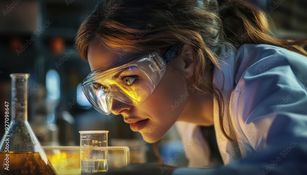 Scientist conducting experiments in a laboratory at night, focused on chemical reactions Scientist conducting experiments in a laboratory at night, focused on chemical reactions