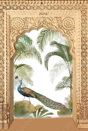 Mughal dancing woman in a garden with arch peacock bird and flower illustration, Indian Mughal hand drawn floral garden with arch and peacock illustration for invitation
