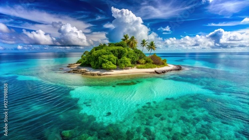 Desolate uninhabited island surrounded by turquoise waters and untouched nature, solitude, remote, deserted, isolated photo