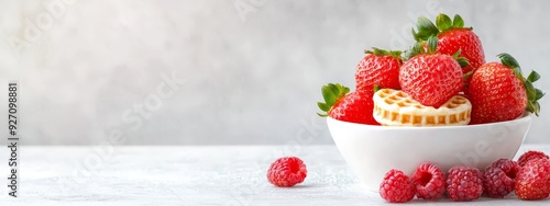  A tight shot of a bowl filled with assorted fruits, highlighting raspberries at opposite sides