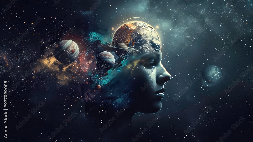 A human profile with their head filled with planets, stars, and nebulae, as if they are the universe. A human profile with their head filled with planets, stars, and nebulae, as if they are the universe.