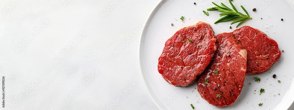 Three raw meat slices on a pristine white plate, garnished with a sprig of rosemary atop Three raw meat slices on a pristine white plate, garnished with a sprig of rosemary atop