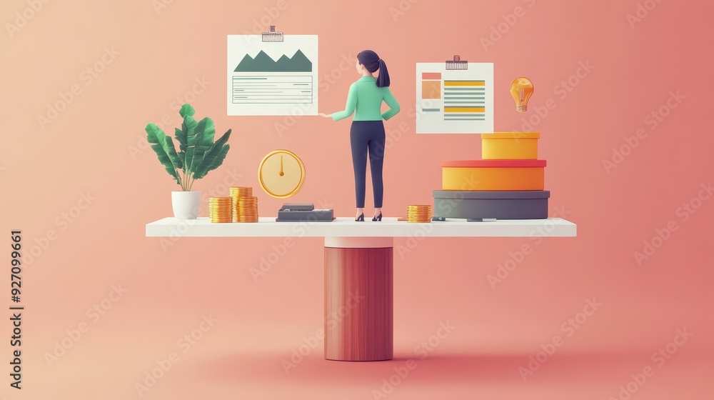 Fototapeta premium Financial Planning Success - 3D Person Balancing Budget for Business Growth and Stability