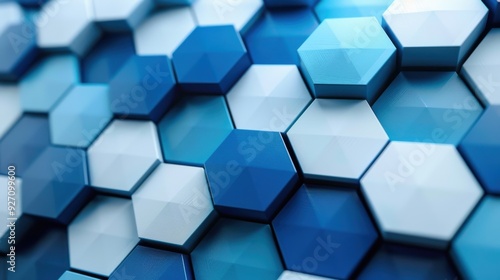 A close-up of a repeating pattern of blue and white hexagons. The hexagons are arranged in a staggered pattern, creating a sense of depth and dimension. The surface of the hexagons is glossy and refle photo