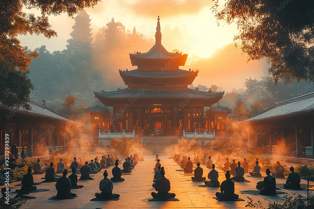 Serene temple with statues bathed in warm morning light Serene temple with statues bathed in warm morning light