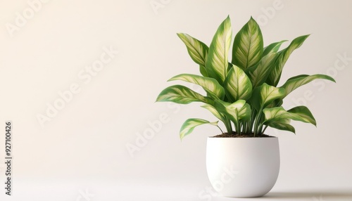 Green potted plant with variegated leaves displayed against a neutral background in a bright room