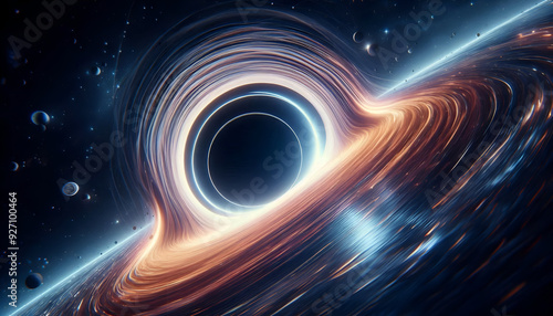 Black hole with singularity in dark space  with an accretion disk may look like based on modern understanding. Abstract cosmic explosion in galaxy with vortex circle light effect,wormhole background. photo