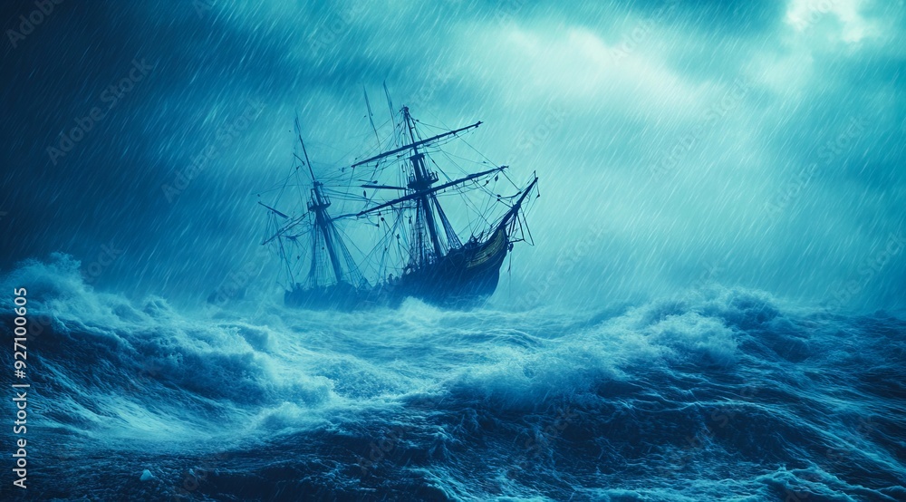 A ship in the middle of a stormy sea in the rain A ship in the middle of a stormy sea in the rain